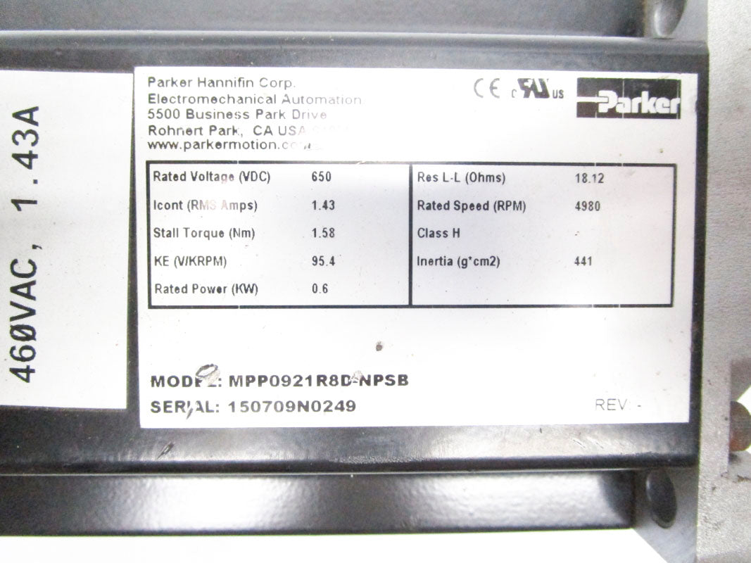 PARKER MPP0921R8D-NPSB 650VDC 1.43A 4930RPM UNMP