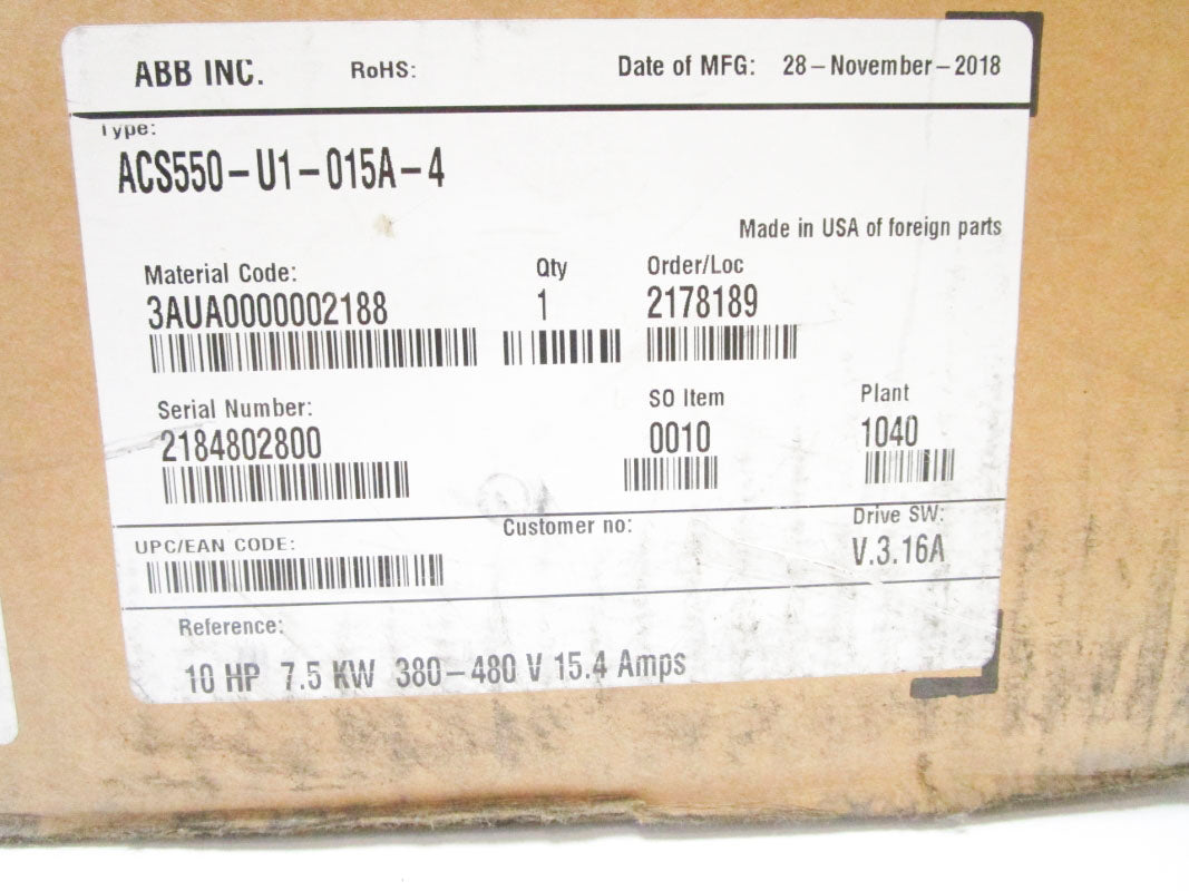 ABB ACS550-U1-015A-4 380-480V 15.4A 10HP NSFS
