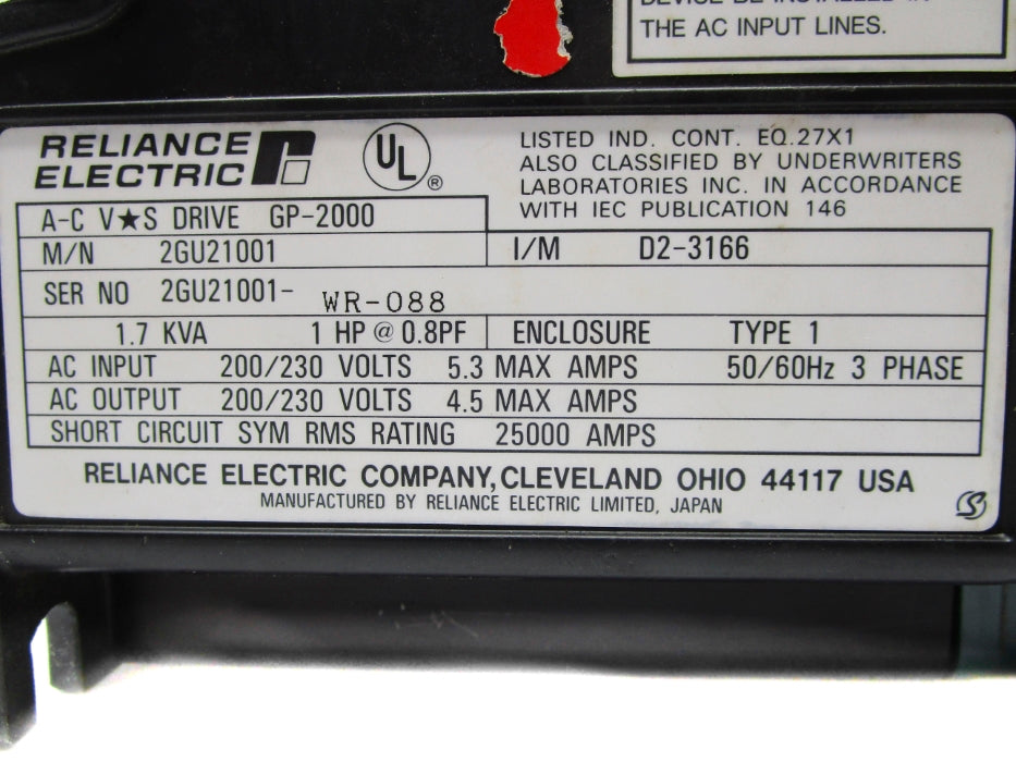 RELIANCE ELECTRIC 2GU21001 GP-2000 200/230VAC 5.3A UNMP