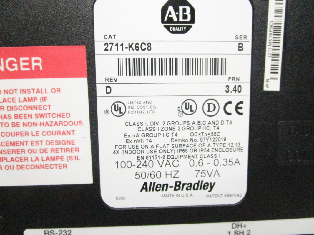 ALLEN BRADLEY 2711-K6C8 SER. B F/W 3.40 100-240VAC 0.6-0.35A UNMP
