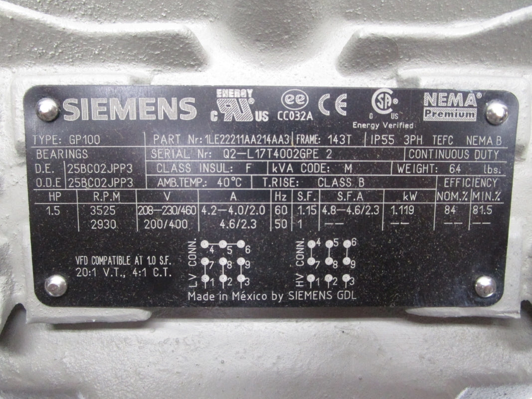 SEIMENS 1LE22211AA214AA3 460V 2.0A NSMP