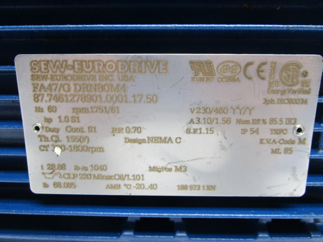 SEW EURODRIVE 87.7461278901.0001.17.50 FA47/GDRN80M4 230/460V NSNP