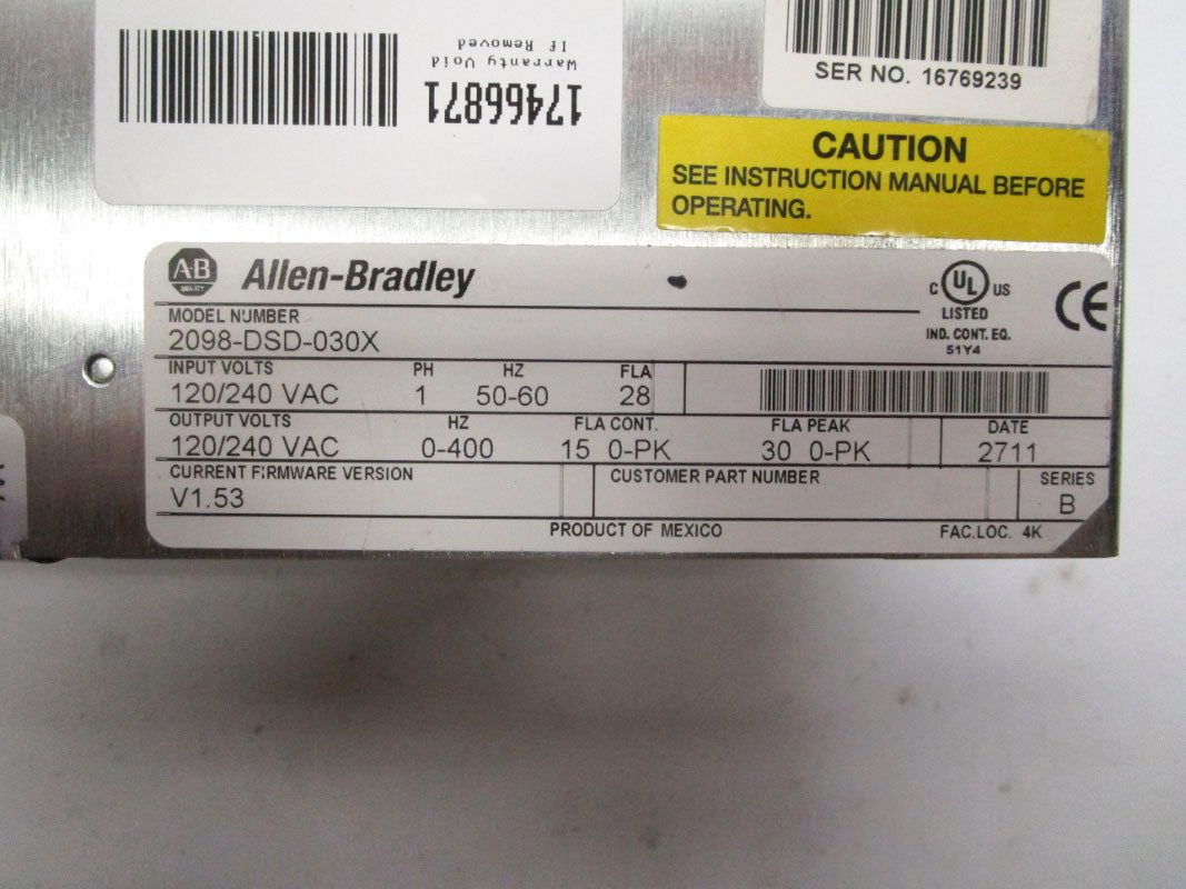 ALLEN BRADLEY 2098-DSD-030X SER. B F/W V1.53 120/240VAC 15-30A NSNP