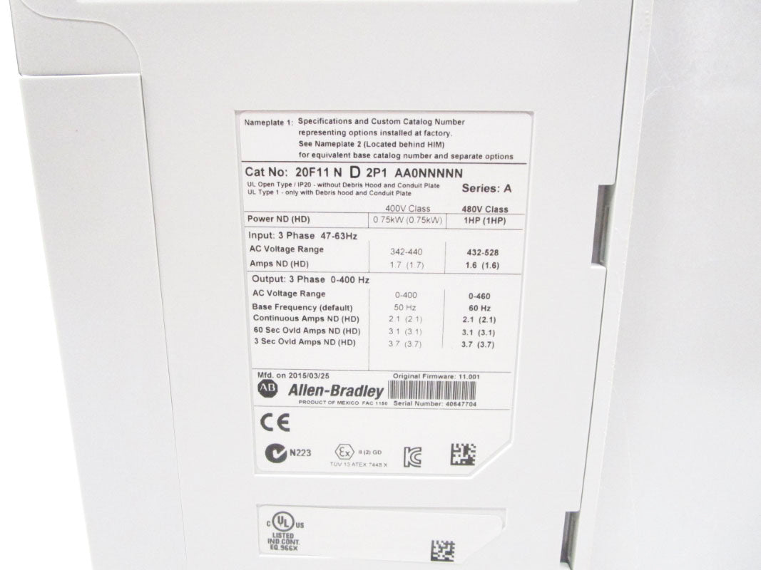 ALLEN BRADLEY 20F11ND2P1AA0NNNNN SER. A F/W 11.001 432-528VAC 1.6A NSMP