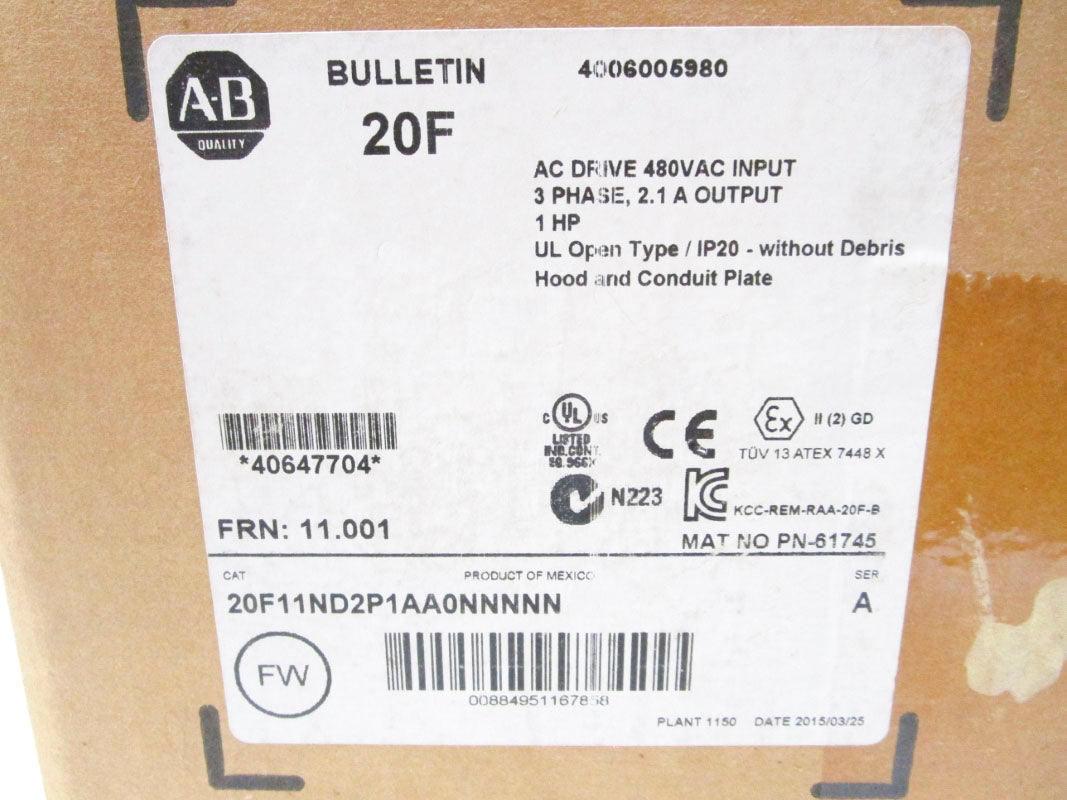 ALLEN BRADLEY 20F11ND2P1AA0NNNNN SER. A F/W 11.001 432-528VAC 1.6A NSMP
