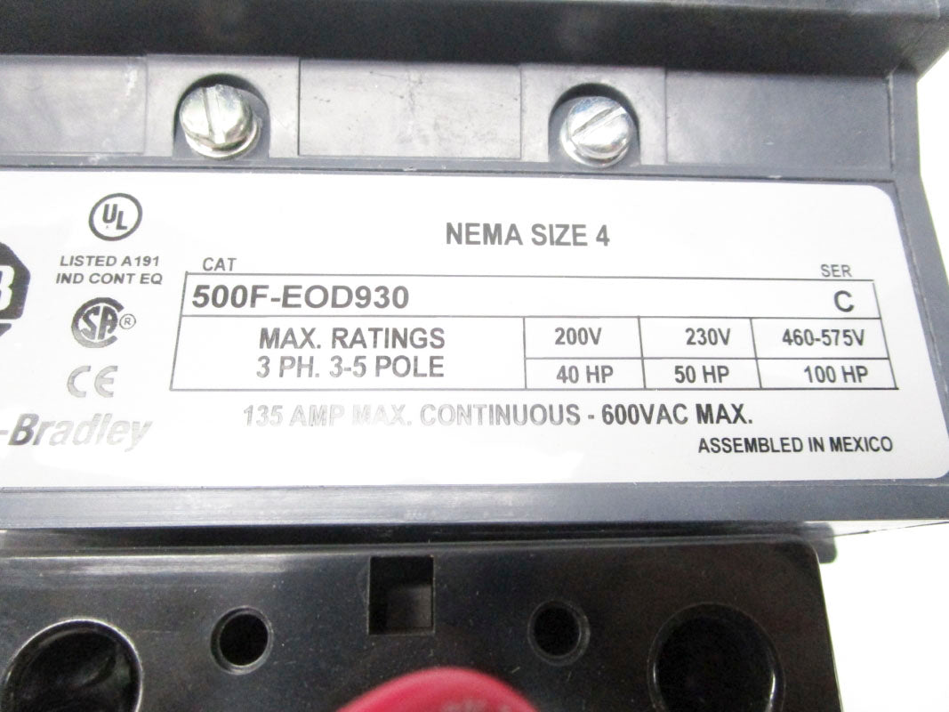 ALLEN BRADLEY 500F-EOD930 SER. C 120V 135A (BR/WH) NSMP-OEM