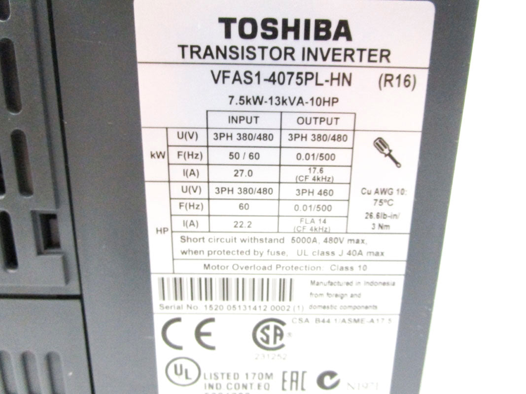 TOSHIBA VFAS1-4075PL-HN 380/480V 27A NSMP