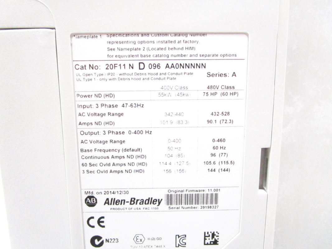 ALLEN BRADLEY 20F11ND096AA0NNNNN SER. A F/W 11.001 432-528VAC 90.1A NSMP