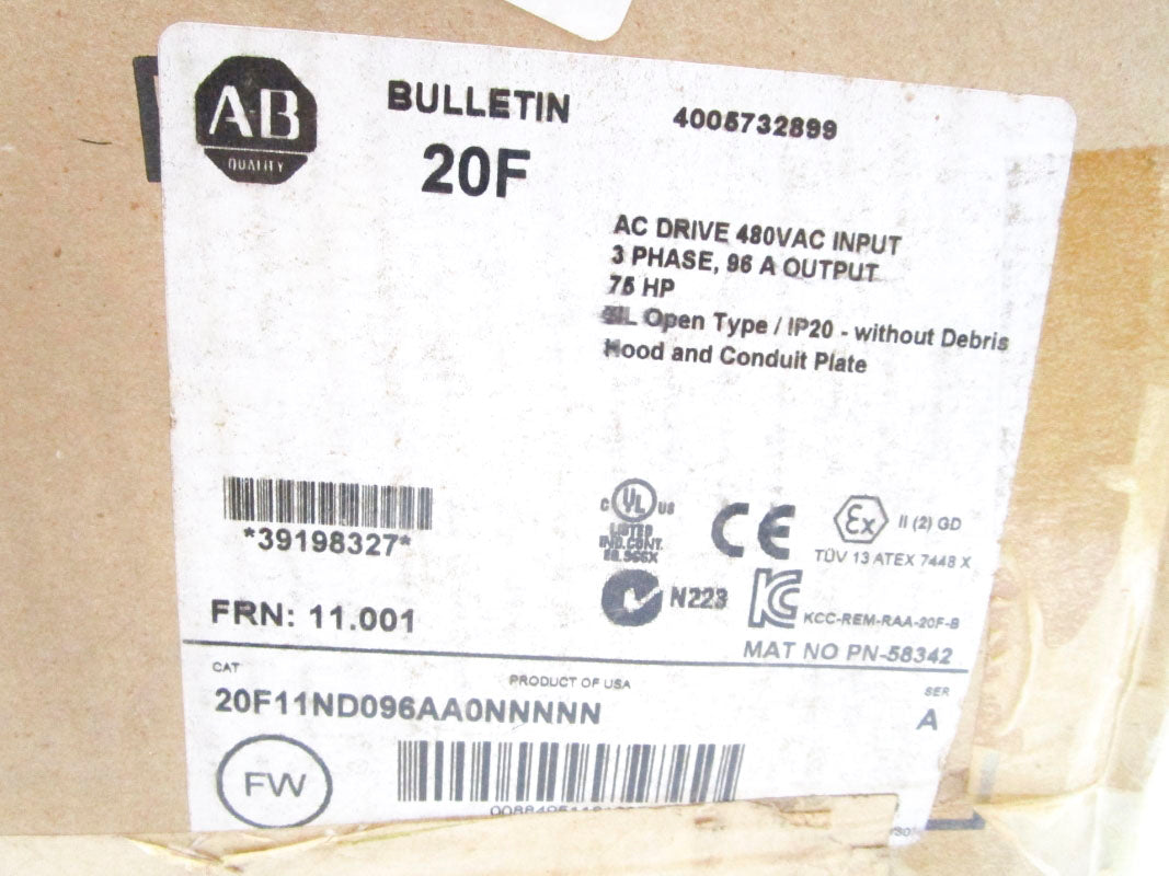ALLEN BRADLEY 20F11ND096AA0NNNNN SER. A F/W 11.001 432-528VAC 90.1A NSMP