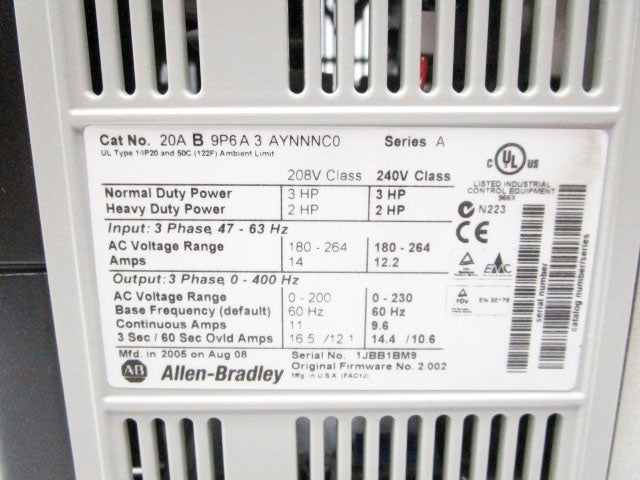 ALLEN BRADLEY 20AB9P6A3AYNNNC0 SER. A F/W 2.002 240VAC NSMP