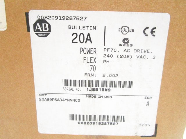 ALLEN BRADLEY 20AB9P6A3AYNNNC0 SER. A F/W 2.002 240VAC NSMP