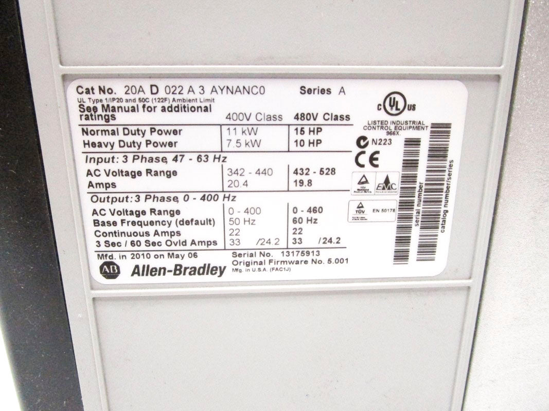 ALLEN BRADLEY 20AD022A3AYNANCO SER. A 432-528VAC 19.8A NSNP