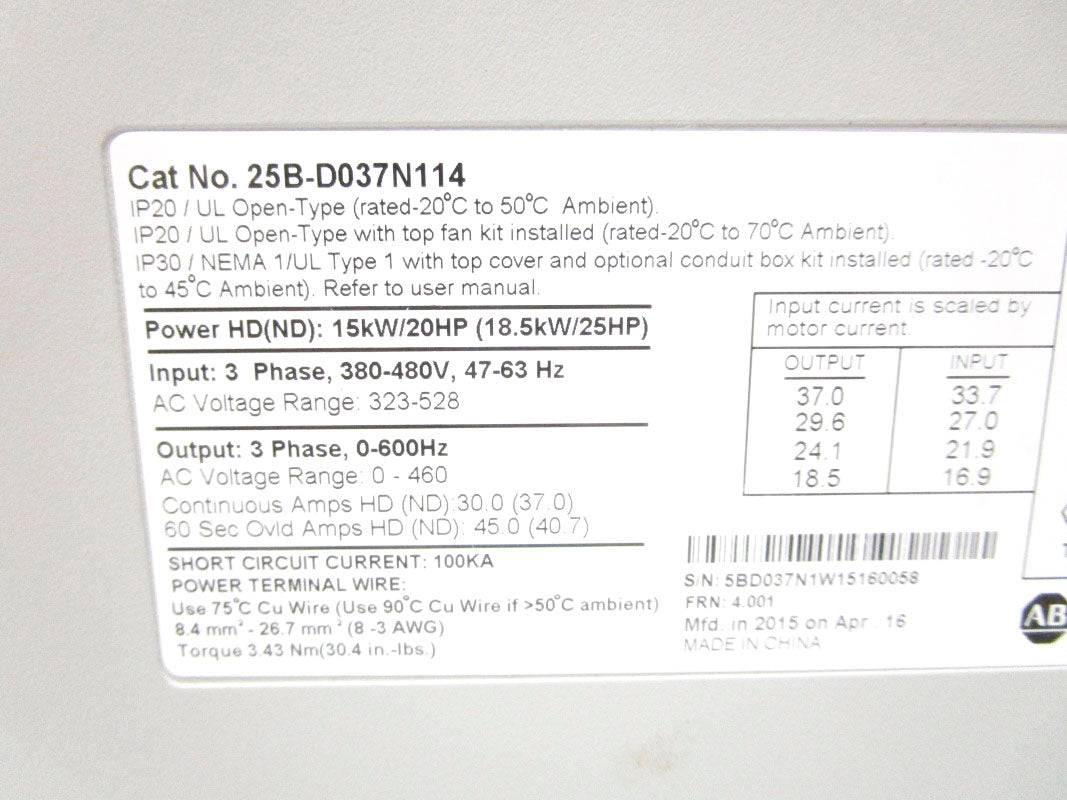 ALLEN BRADLEY 25B-D037N114 380-480V F/W 4.001 NSNP
