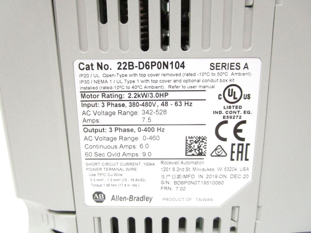 ALLEN BRADLEY 22B-D6P0N104 SER. A F/W 7.02 342-528VAC 7.5A NSMP