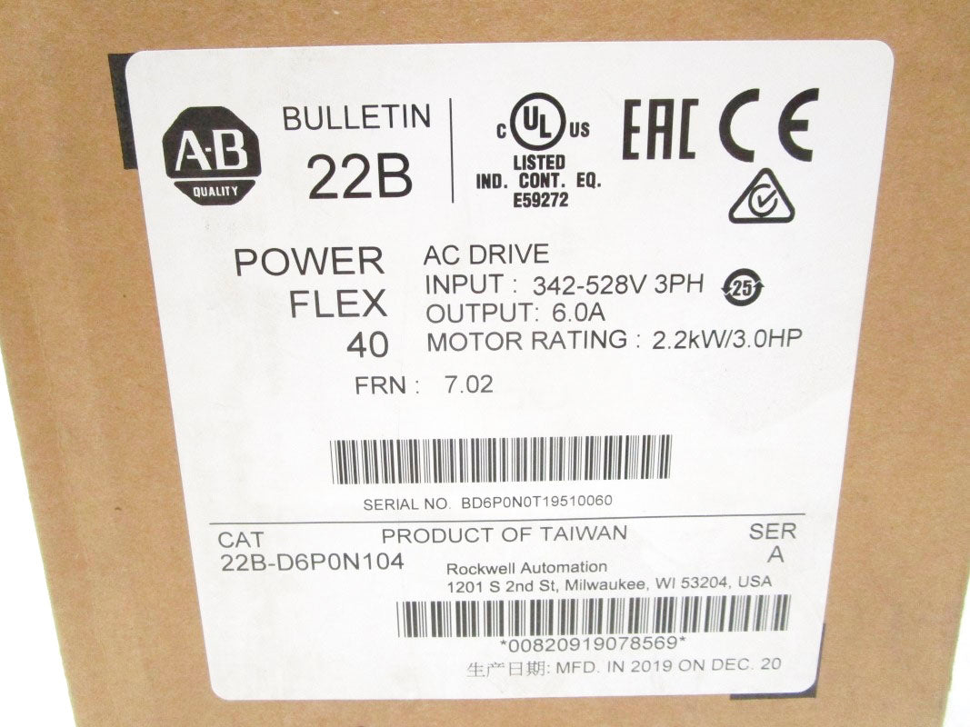 ALLEN BRADLEY 22B-D6P0N104 SER. A F/W 7.02 342-528VAC 7.5A NSMP