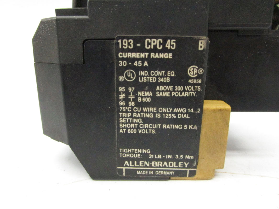 ALLEN BRADLEY 193-CPC45 SER. B 600V 30-45A (AS PICTURED) NSNP