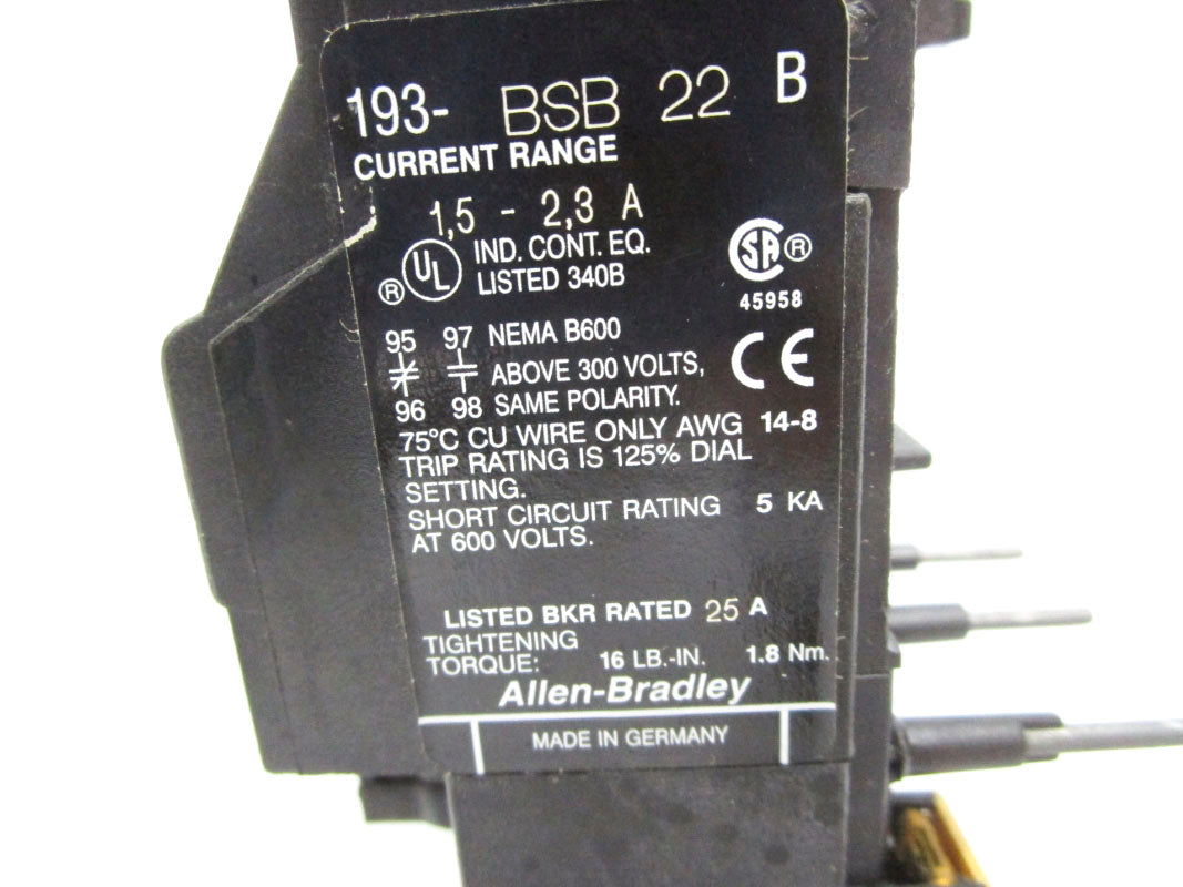 ALLEN BRADLEY 193-BSB22 SER. B 600V 1.5-2.3A (AS PICTURED) NSNP