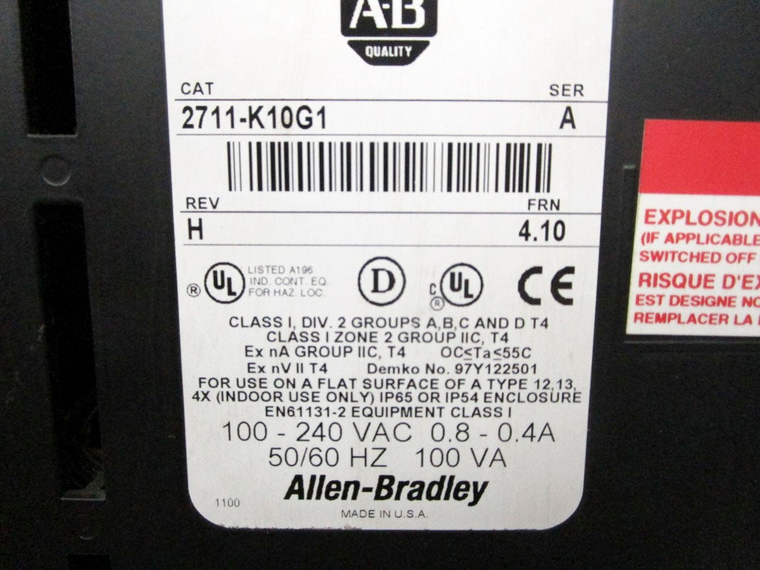 ALLEN BRADLEY 2711-K10G1 SER. A F/W 4.10 100-240VAC 0.8-0.4A UNMP