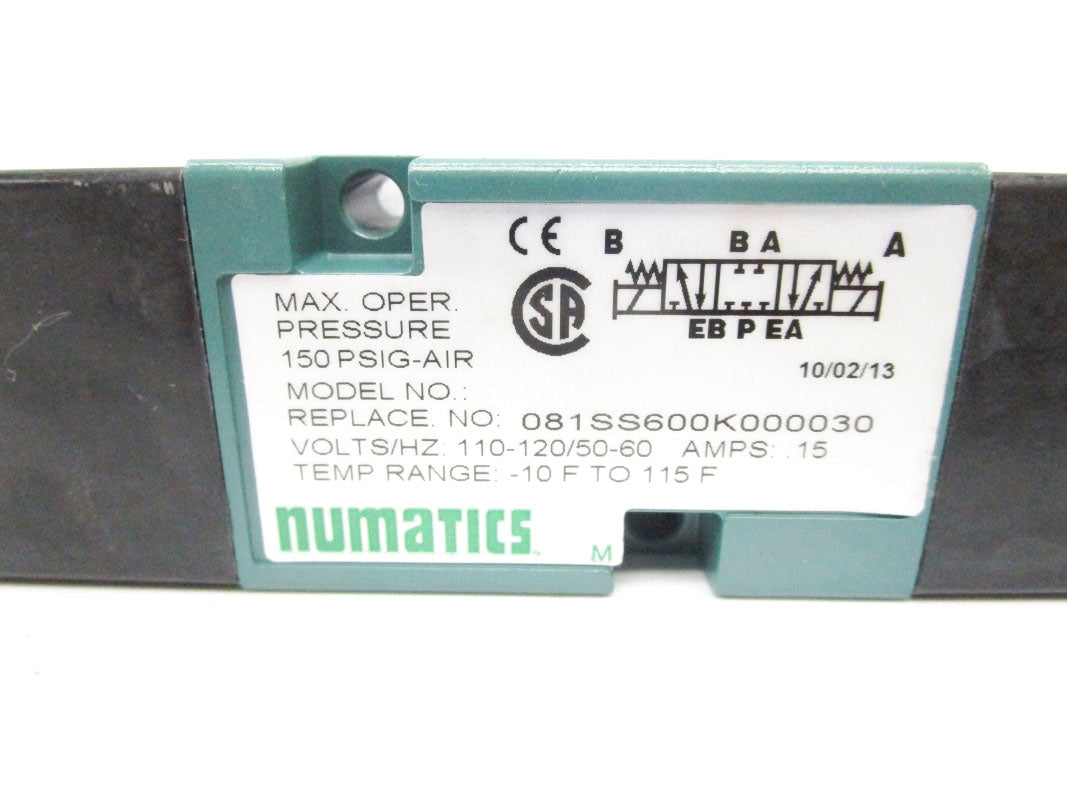 NUMATICS 081SS600K000030 110-120V .15A 150PSI -10-115'F NSNP