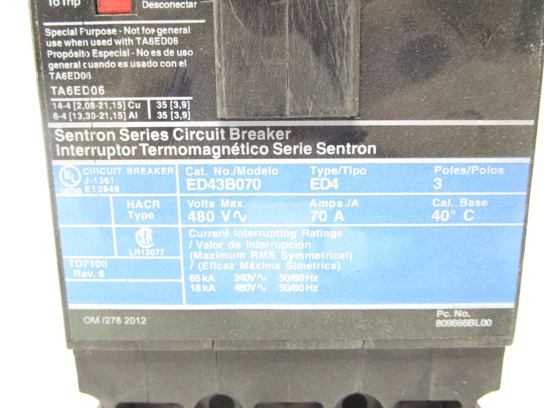 SIEMENS ED43B070L 480V 70A NSMP