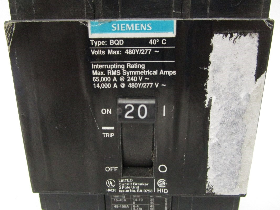 SIEMENS BQD320 277V 20A UNMP