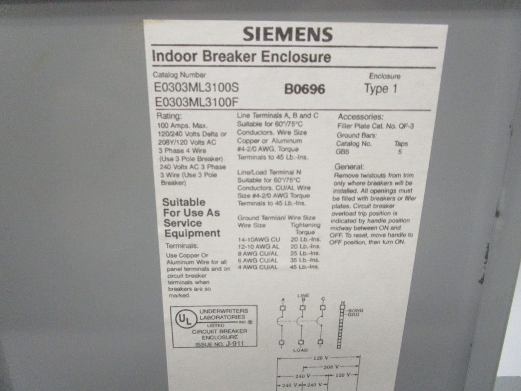 SIEMENS E0303ML3100S 240VAC 100A NSMP