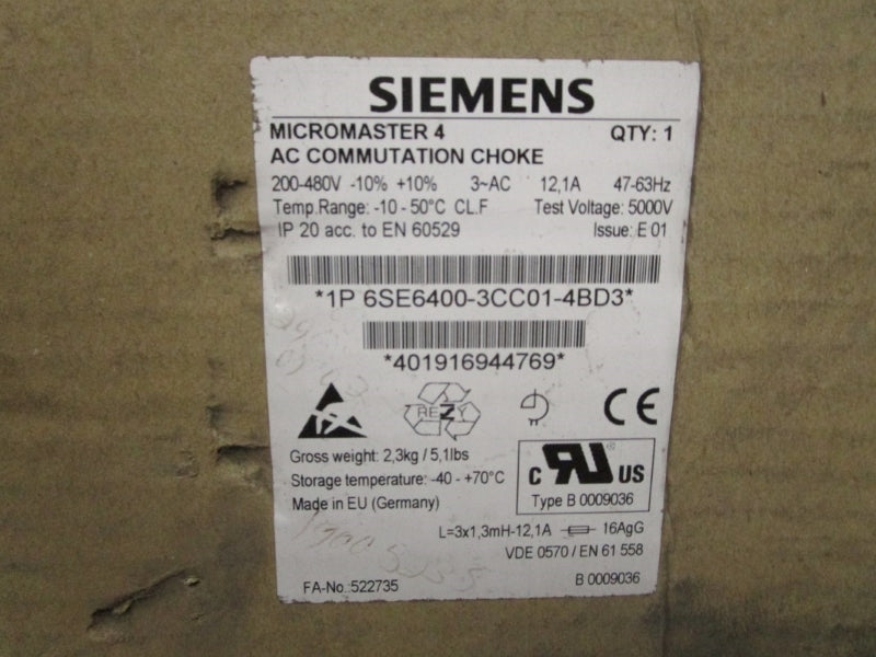 SIEMENS 6SE6400-3CC01-4BD3 200-480V 12.1A NSMP