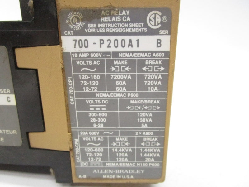 ALLEN BRADLEY 700-P200A1 SER. B 600VAC 10A UNMP