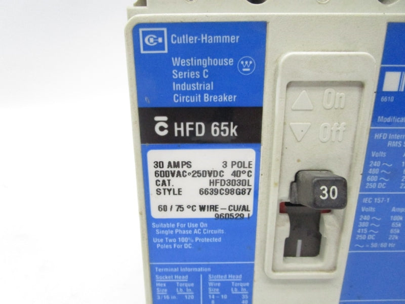 CUTLER HAMMER HFD3030L 6639C98G87 SER. C 600VAC 30A NSNP
