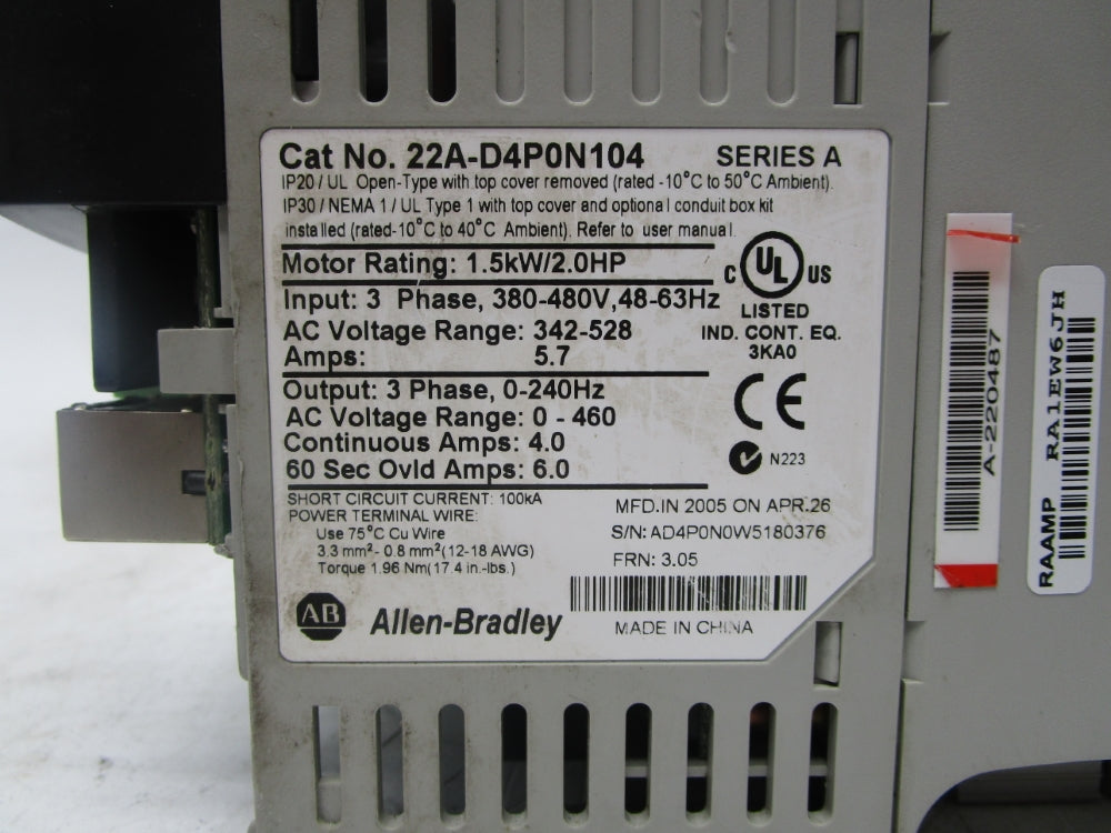 ALLEN BRADLEY 22A-D4P0N104 SER. A F/W 3.05 UNMP