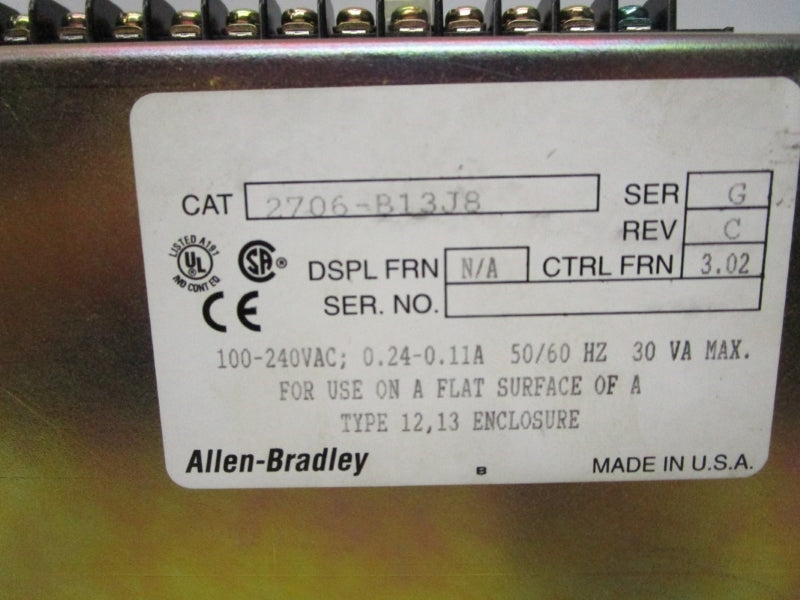 ALLEN BRADLEY 2706-B13J8 SER. G F/W3.02 100-240VAC 0.24-0.11A NSMP