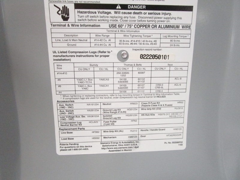 SIEMENS HF362R 600VAC 60A NSNP