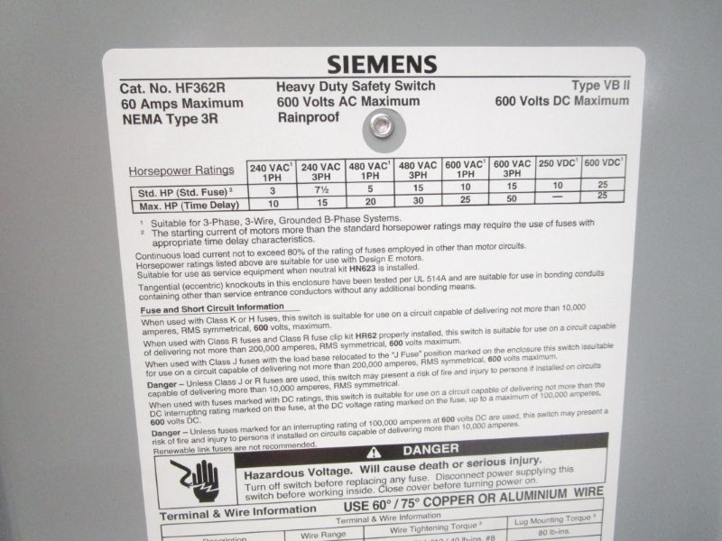 SIEMENS HF362R 600VAC 60A NSNP