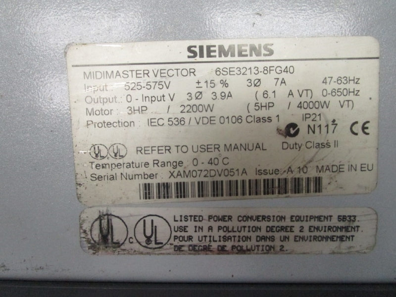 SIEMENS 6SE3213-8FG40 525-575V 7.0A UNMP