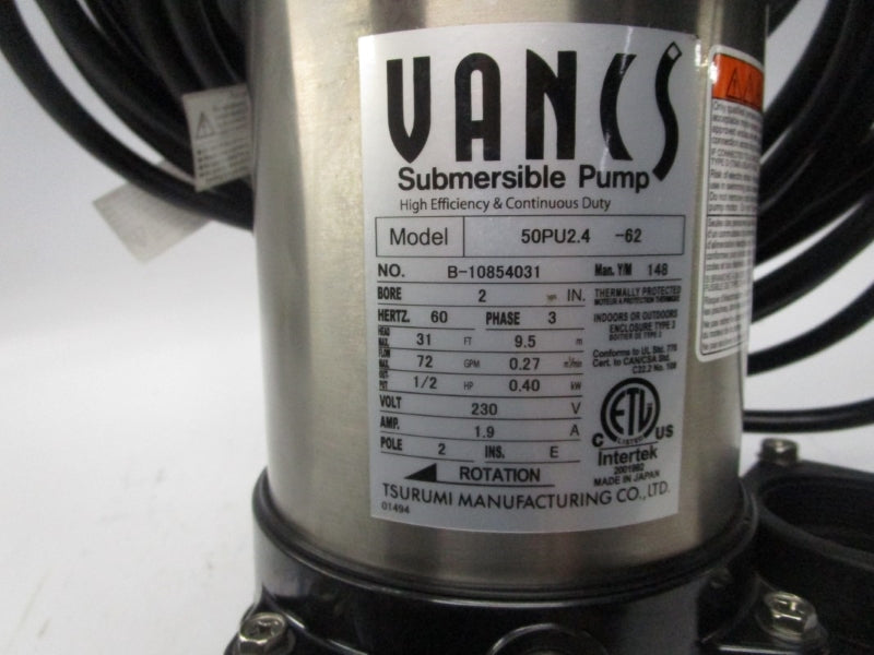 TSURUMI MANUFACTURING CO. 50PU2.4-62 B-10854031 230V 1.9A NSNP