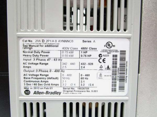 ALLEN BRADLEY 20AD2P1A0AYNNNC0 SER. A F/W 5.001 432-528VAC 2.4A NSNP