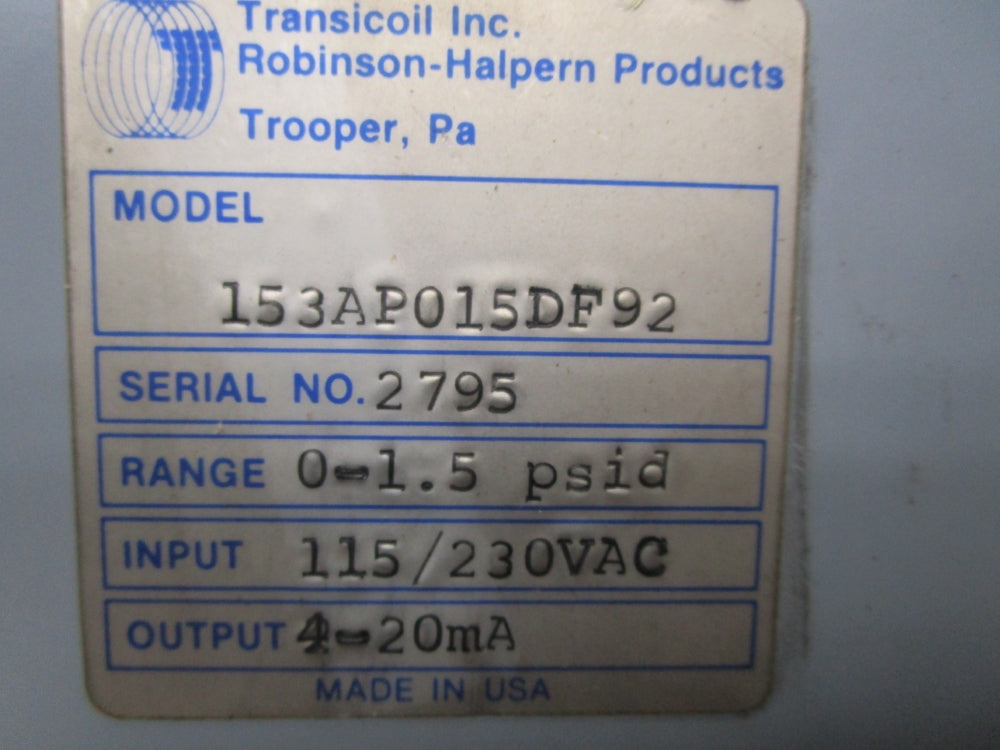 TRANSCOIL 153AP015DF92 0-1.5PSID, 115-230VAC (AS PICTURED) NSNP