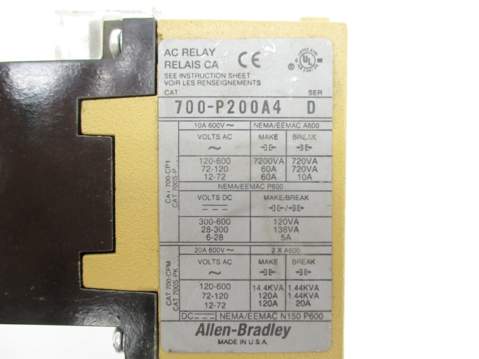 ALLEN BRADLEY 700-P200A4 SER. D 120-600VAC 10A NSNP