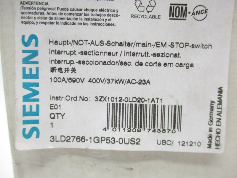 SIEMENS 3LD2766-1GP53-0US2 690V 100A NSMP