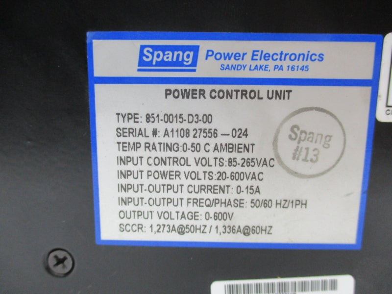 SPANG POWER ELECTRONICS 851-0015-D3-00 20-600VAC 0-15A UNMP