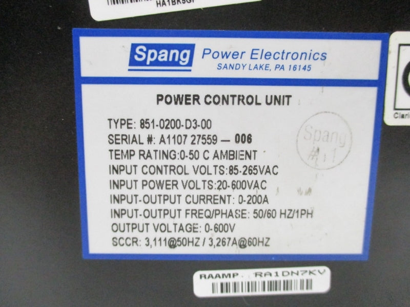 SPANG POWER ELECTRONICS 851-0200-D3-00 20-600VAC 0-200A UNMP