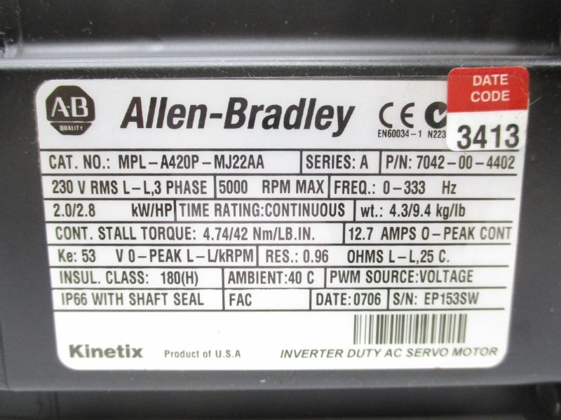 ALLEN BRADLEY MPLA420PMJ22AA SER. A 230V 12.7A NSNP