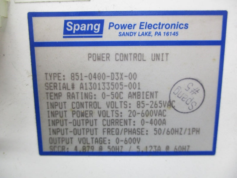 SPANG POWER ELECTRONICS 851-0400-D3X-00 20-600VAC 0-400A UNMP