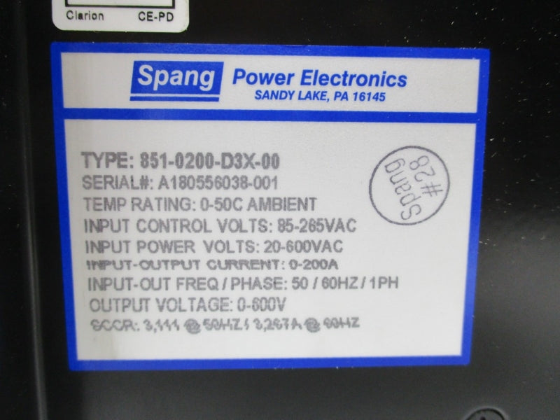 SPANG POWER ELECTRONICS 851-0200-D3X-00 20-600VAC 0-200A NSNP