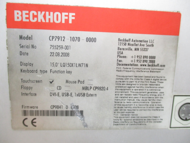 BECKHOFF CP7912-1070-0000 F/W CP9841 NSNP