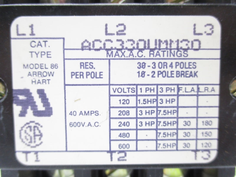 ARROW HART ACC330UMM30 208-240V 40A NSNP