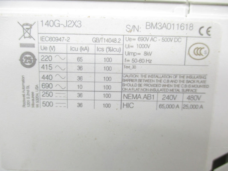 ALLEN BRADLEY 140G-J2X3 SER. A 480V 25KA NSMP
