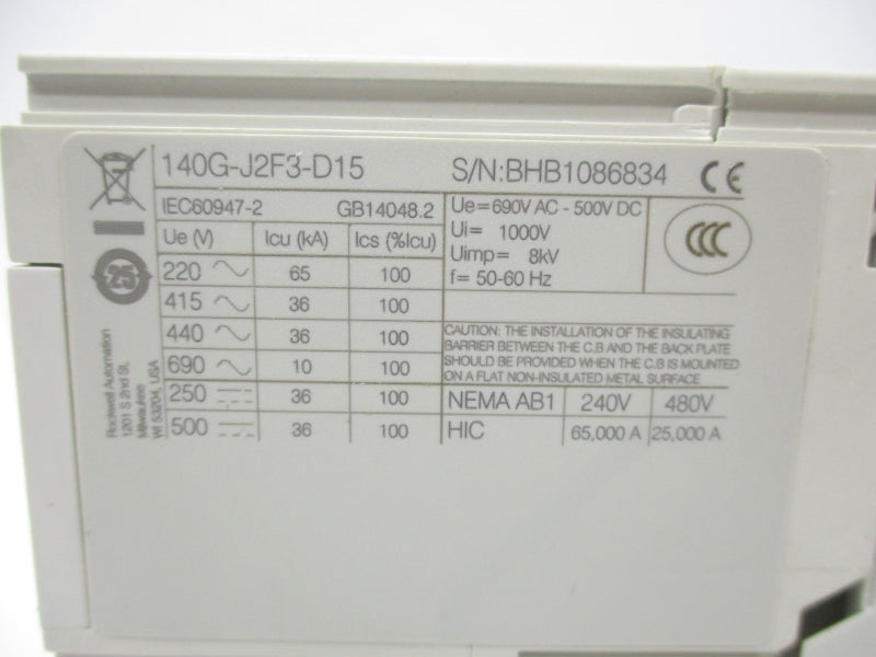 ALLEN BRADLEY 140G-J2F3-D15 SER. A 480V 250A NSMP