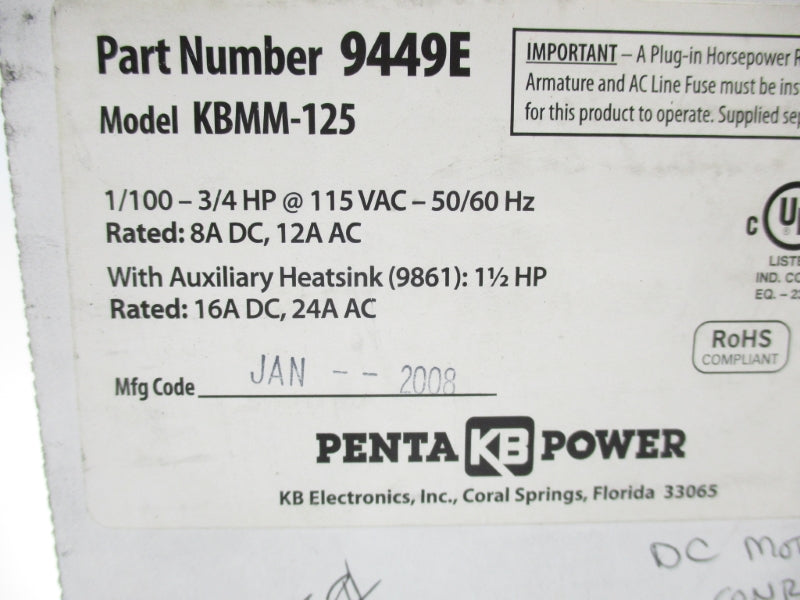 KB ELECTRONICS KBMM-125 9449E 115VAC NSMP
