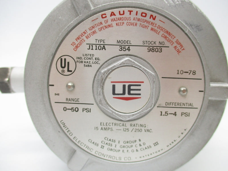 UNITED ELECTRIC J110A-354-9803 125/250VAC 15A 0-50PSI UNMP